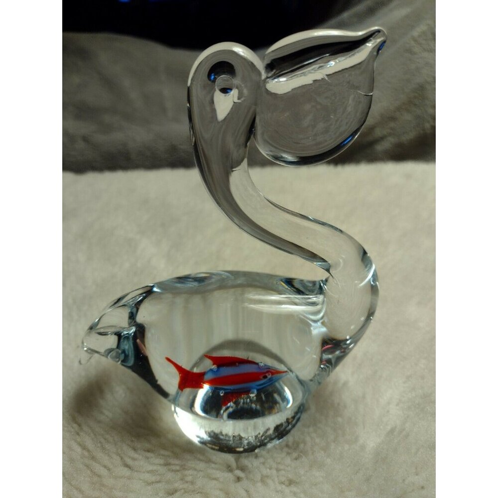 Hand Blown Art Glass Pelican With Fish in Belly Sculpture Figurine 6 Inches